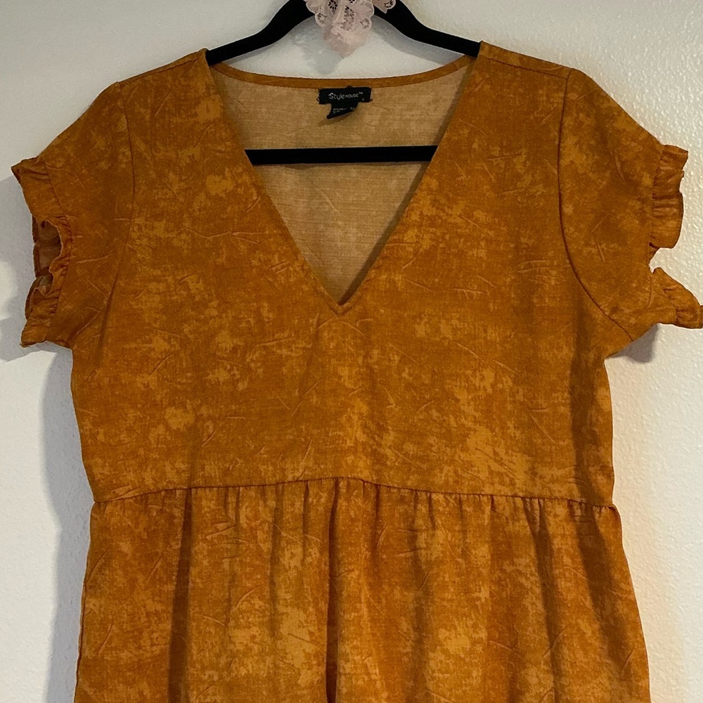 Deep Mustard Yellow V-neck Mini Dress with Ruffle Sleeves and Hem - Picture 3 of 10